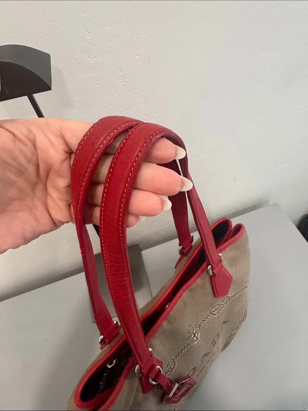 Prada Milano Canvas Tote with Red Leather Trim and Handles